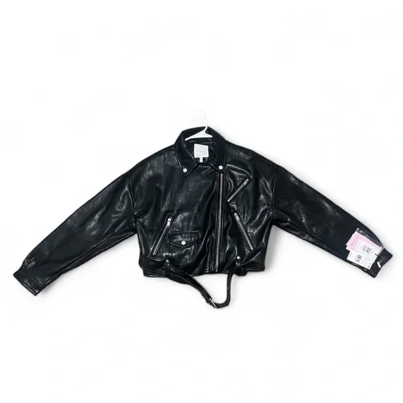 Avec Les Filles Oversized Faux Leather Cropped Biker Jacket - Black - M - Picture 5 of 11